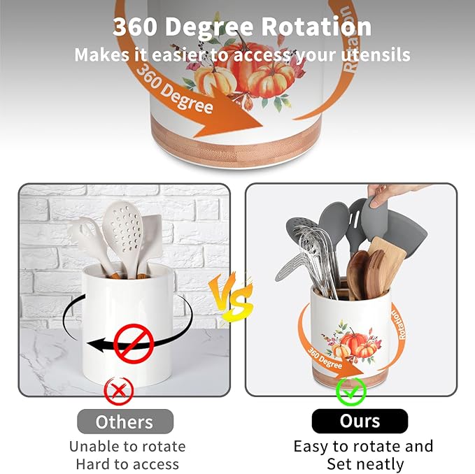 HAPPY KIT 7.6″ Utensil Holder 360° Rotating Utensil Holder Pumpkin Decor for Kitchen Counter with 3 Removable Compartment, Housewarming Gift & Farmhouse Decor