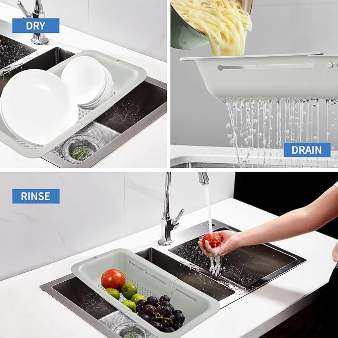LASSHSWA Collapsible Colander and Strainer for Kitchen, Over the Sink Strainer Basket for Kitchen, Fruit Pasta Food Strainer Expandable Plastic Colander (Light Gray)