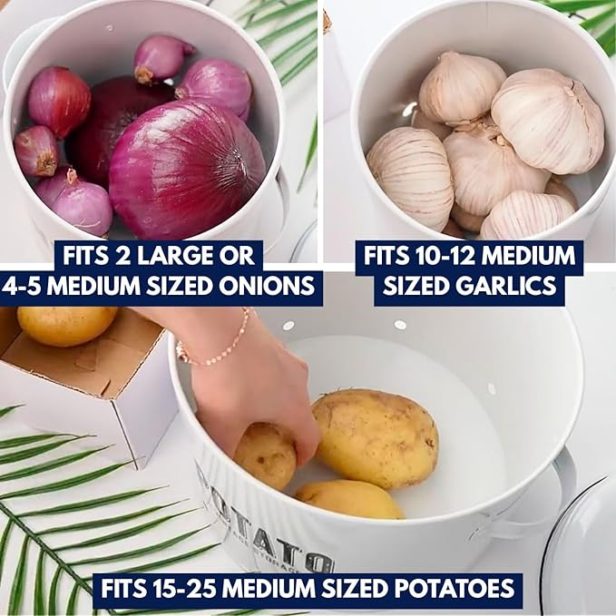 Granrosi Kitchen Vegetable Storage Set for Pantry & Countertop — Set of 3 Kitchen Containers Including Potato Bin, Onion Keeper & Garlic Storage; Rustproof Metal & Aeratic Holes; Farmhouse Style