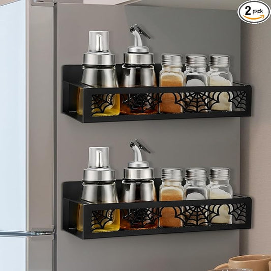 2 Pack Spider Web Magnetic Spice Rack for Refrigerator Metal Magnet Basket Shelf for Fridge Seasoning Storage Organizers Home Decor Kitchen Accessories (Black)