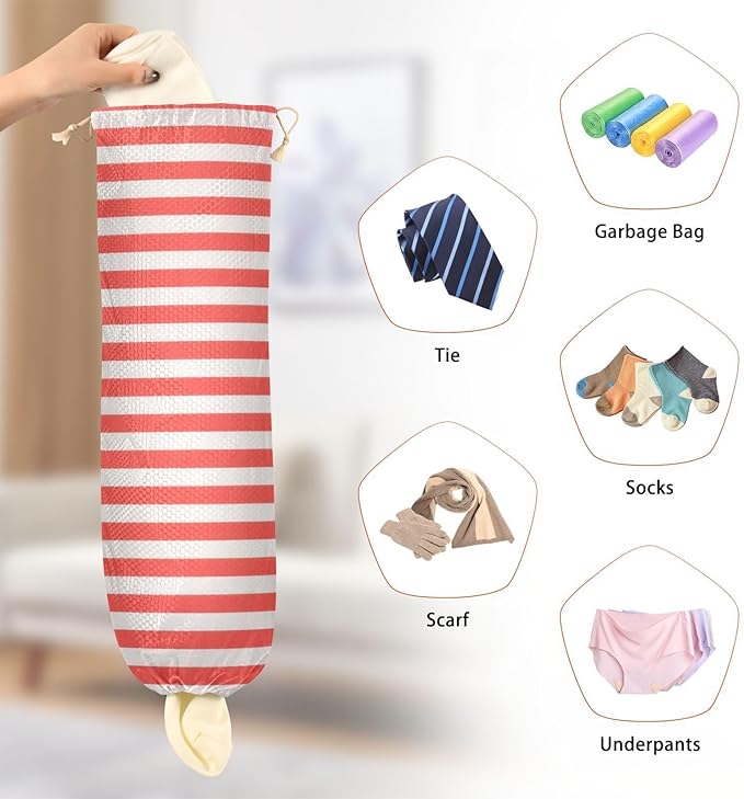 Plastic Bag Holder Wall Mount Grocery Bag Shopping Bag Storage Holder Organizer Dispenser with Adhesive Hook,for Kitchen Bathroom Home Decor 9x22 Inches Red and White Stripeds04