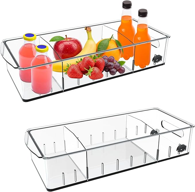 2 Pack Fridge Organizer Bins with Wheels, Refrigerator Organizers and Storage Drawer with Removable Dividers, Clear Plastic Pantry Storage Bins, Kitchen Organization