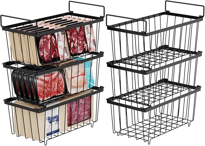iSPECLE Deep Freezer Organizer Bins, 6 Pack Chest Freezer Baskets for 7 Cu.Ft, Stackable Wire Chest Freezer Organizer Bins for Small Food, Strong Metal with Handles for Meat and Veggies, Black