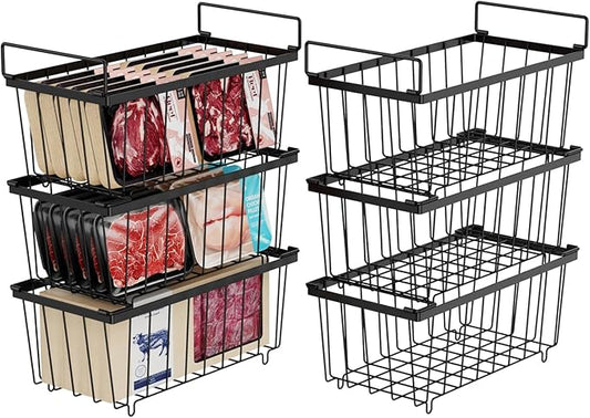 iSPECLE Deep Freezer Organizer Bins, 6 Pack Chest Freezer Baskets for 7 Cu.Ft, Stackable Wire Chest Freezer Organizer Bins for Small Food, Strong Metal with Handles for Meat and Veggies, Black