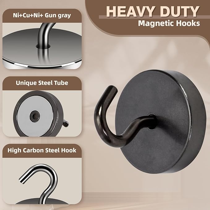 Neosmuk Magnetic Hooks, Cruise Ship Essentials, 100lb+ Heavy Duty Magnetic Hooks for Cruise Cabins, Refrigerator, Grill, Hanging, and Travel | Extra Strong Must-Haves Magnet Hook,Gunmetal Color.