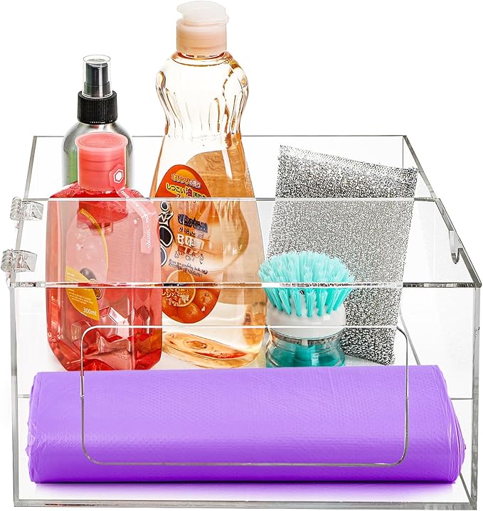 Acrylic Trash Bag Dispenser Holder, 2 in 1 Garbage Bag Roll Holder Under Sink, Standard Grocery Bags Storage Container with Lid, Laundry Storage Organizer Bin for Kitchen, Bathroom, Pantry