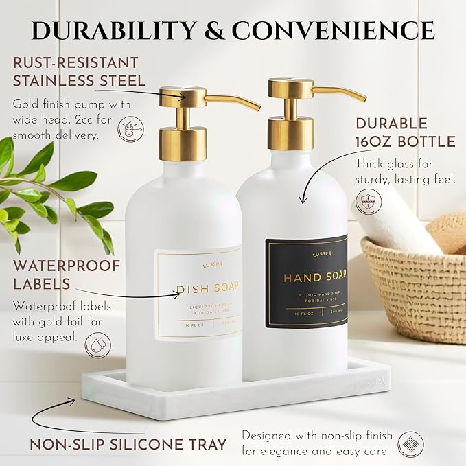 Lotion, Hand & Dish Soap Dispenser for Kitchen & Bathroom | Soap Dispenser Set of 2 16.8 Oz Glass Bottles with Stainless Steel Pump, 15 Water Proof Labels & Silicon Tray (White/Gold)
