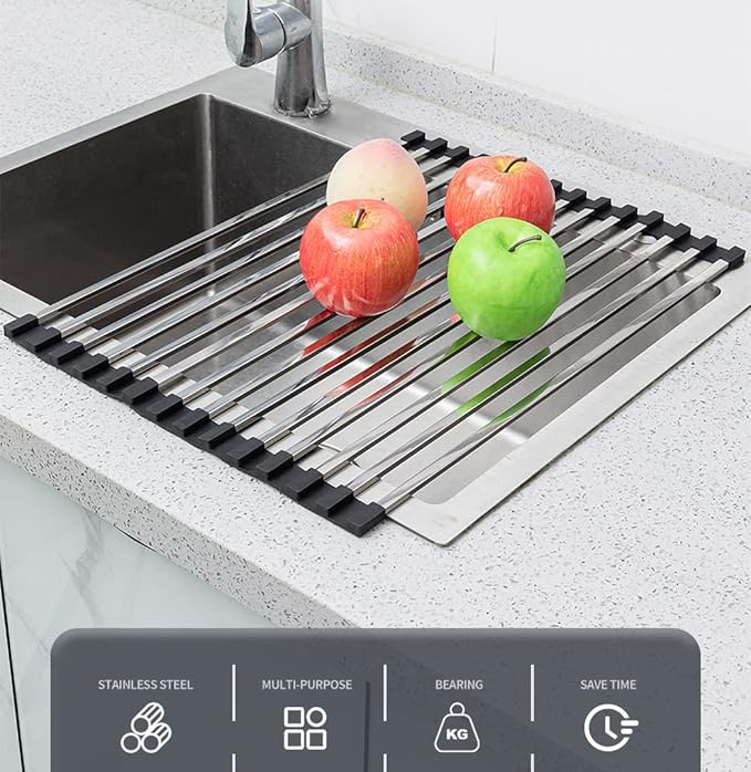 Ahyuan Roll up Dish Drying Rack Over the Sink Dish Drying Rack Square Tubes Dish Rack Over Sink Dish Racks for Kitchen Counter RV Camper Accessories for Travel Trailers (Black, 17.8''Wx13.4''L)