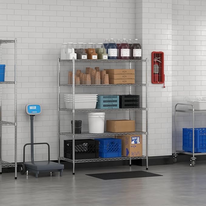 Commercial NSF Listed Chrome Stationary Wire Shelving Kit 21" x 48" x 64", with 5 Shelves Perfect for Warehouse, Walk-in Refrigerator, Freezer, Grocery Store, Restaurant, Dishroom