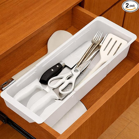 2-Pack Drawer Organizer for Deep Drawers with Smooth Sliding Design, Durable PP Expandable Modular Storage Tray for Makeup, Office Supplies, Kitchen Tools, Vertical Space-Saving Organizer