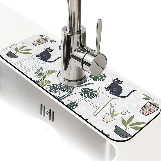 Kitchen Sink Splash Guard，Cats and potted plants Faucet Mat Sink Gadgets-Super Absorbent Fast Drying Mat Drip Catcher for Kitchen, Bathroom,Sink Mat, Dish Drying Mat, Bathroom(15" X 5.5" )