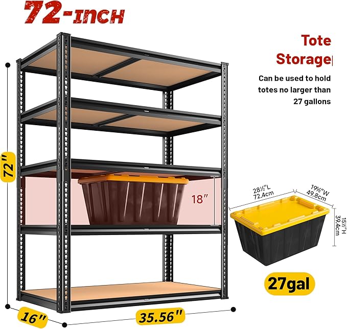 2250LBS Storage Shelves Heavy Duty 5 Tier Garage Storage Shelving, Adjustable Metal Shelving Unit Utility Rack Shelf for Warehouse, Pantry, Closet, Kitchen 72" H x 35.56" W x 16" D, Black