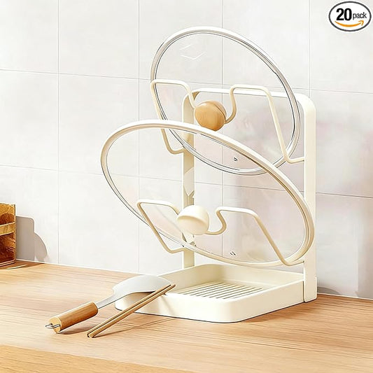 Kitchen Pot Lid Storage Rack, 2026 New Pot Lid Holder While Cooking & Spoon Rest, Multifunctional Kitchen Pot Cover Organizer for Countertop, with Removable Drip Tray (Beige * Double-layer)