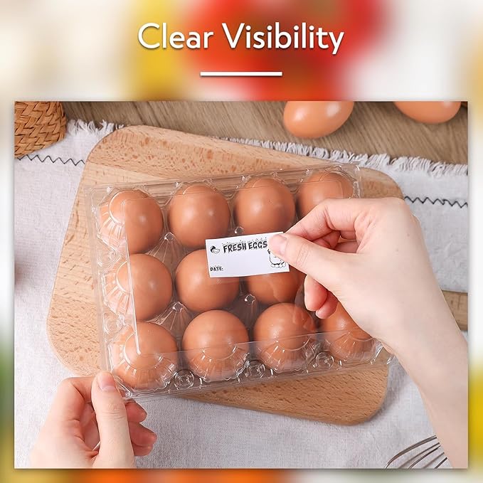 HAKSEN 60 PCS 12 Count Plastic Egg Cartons, with 60PCS Date Labels, Bulk Cheap Clear Reusable Egg Containers Holds for Fresh Medium Eggs Storage, Suitable for Farms, Family, Markets Display