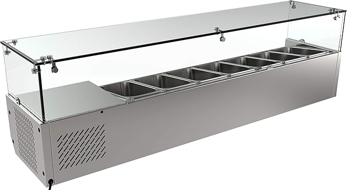 KoolMore Refrigerated Countertop Condiment Prep Station with Glass Sneeze Guard - Includes Seven 1/4 Pans, Silver, 59 Inch (SCDC-7T)