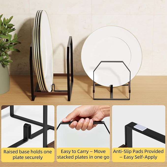 2 Pack Kitchen Plate Organizer with Large & Small Holders, Metal Dish Racks for Compact Homes and Cabinets, Black (1 Large + 1 Small)