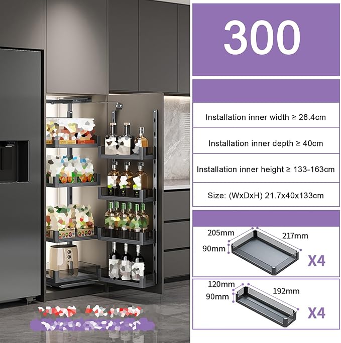 WIGING 4-Tier Narrow Cabinet Pull-Out Basket, High Cabinet Pull-Out Storage Rack with Adjustable Dividers for Kitchen Bathroom Pantry, Single-Layer Load Capacity: 15kg(21.7x40x133cm)