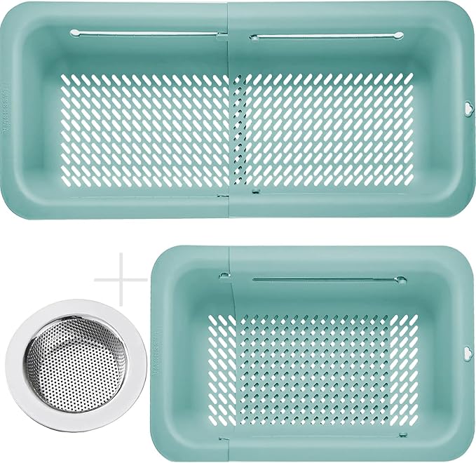 LASSHSWA Collapsible Colander and Strainer for Kitchen, Over the Sink Strainer Basket for Kitchen, Fruit Pasta Food Strainer Expandable Plastic Colander (Turquoise Blue)