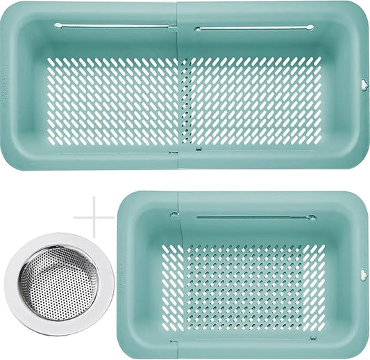 LASSHSWA Collapsible Colander and Strainer for Kitchen, Over the Sink Strainer Basket for Kitchen, Fruit Pasta Food Strainer Expandable Plastic Colander (Turquoise Blue)