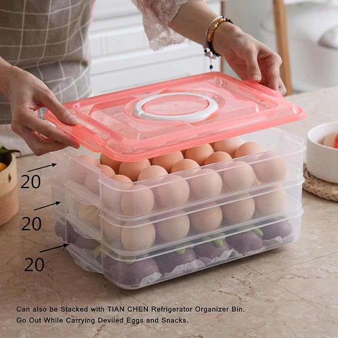 Egg Storage Container for Refrigerator, 3-Layer Deviled Egg Tray, Stackable Fridge Egg Organizer with Lid and Handle, Extra Large Holder, 60 Count Eggs Keeper(transparent 3 layer)