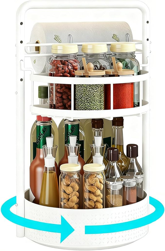 JEESA Lazy Susan Organizer, 360° Rotating Metal Spice Rack with Paper Towel Holder, Turntable Spice Holder for Condiments, Bottles, Jars, Suit for Kitchen Countertop & Cabinet, White