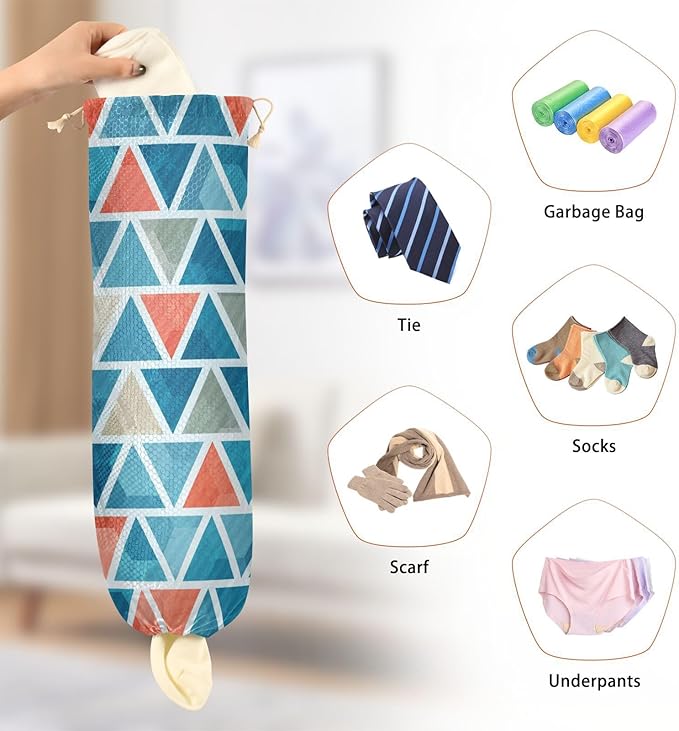 Plastic Bag Holder Wall Mount Grocery Bag Shopping Bag Storage Holder Organizer Dispenser with Adhesive Hook,for Kitchen Bathroom Home Decor 9x22inches Colored Triangles