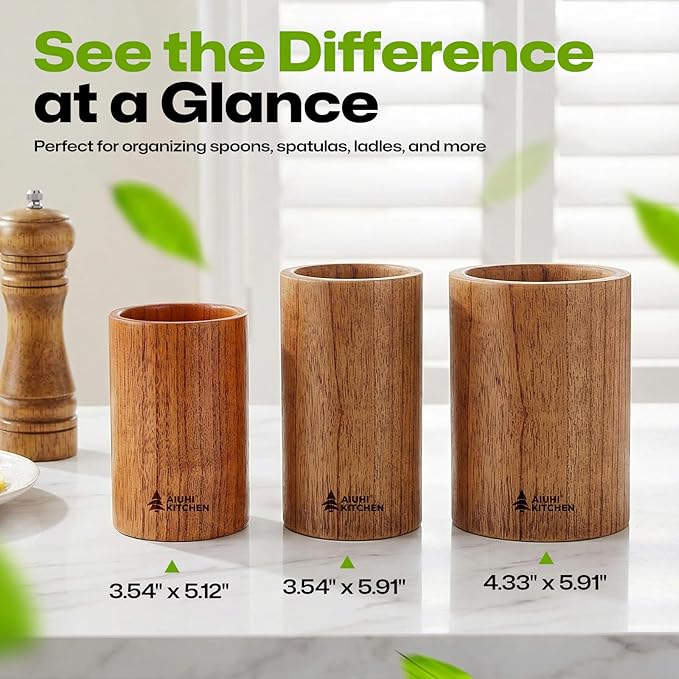 AIUHI Wood Utensil Holder for Kitchen Counter, Wooden Utensil Crock, Kitchen Utensil Organizer, 5.1"x 3.5" Large Spatula and Spoon Holders