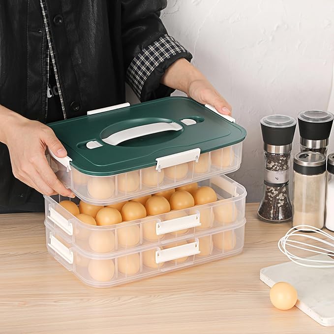 BTSKY Deviled Egg Platter with Lid, 3-Layer 54 Slots Deviled Eggs Carrier, Clear Portable Egg Holder for Fridge Reusable Deviled Eggs Tray Carton Box for Easter and Party Favor (3-Layer, Green)
