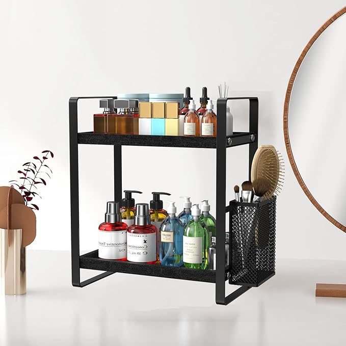 Bathroom Counter Organizer, Wood Vanity Trays with Basket, Skincare Countertop Organizers, Large Capacity Makeup and Perfume Organizer