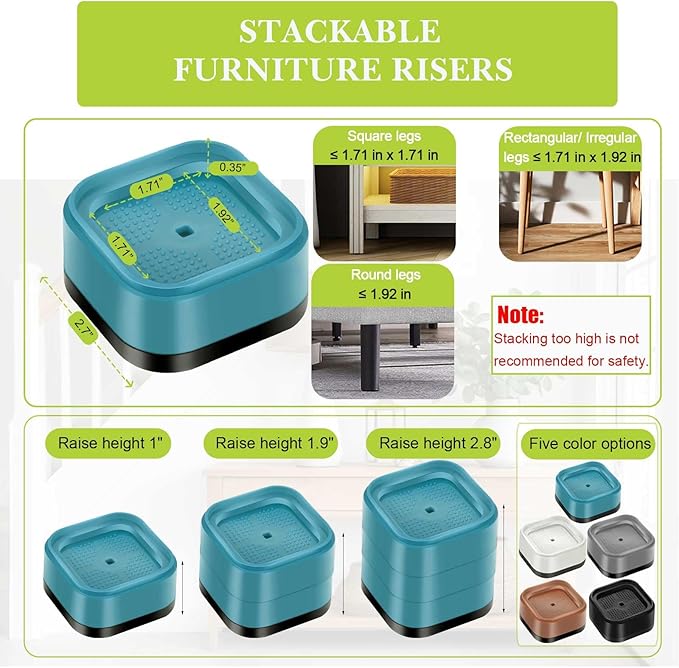 4 Pack Furniture Risers 1 Inch, Adjustable Bed Risers Heavy Duty for Table Desk Couch Chair Sofa Cabinet Bed Legs Dorm, Square Stackable Bed Raisers Blocks Lift Height 1", 2" or 3", Blue