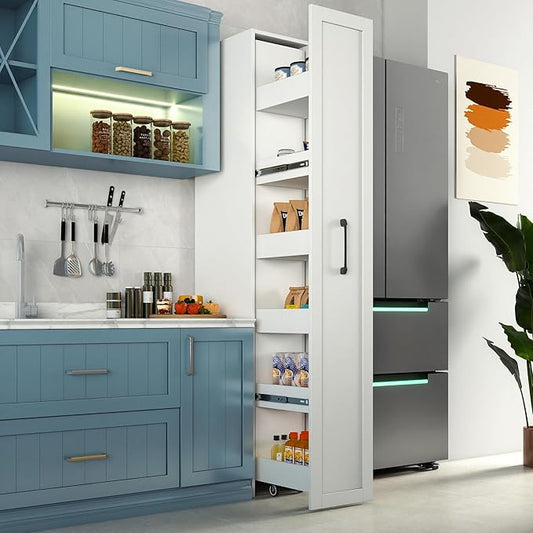 Tall Narrow Pull Out Storage Shelf, 6 Tier Slim Rolling Pantry Storage Cart Next to Fridge Spice Rack Shelves for Kitchen Bathroom Laundry Narrow Places (White)