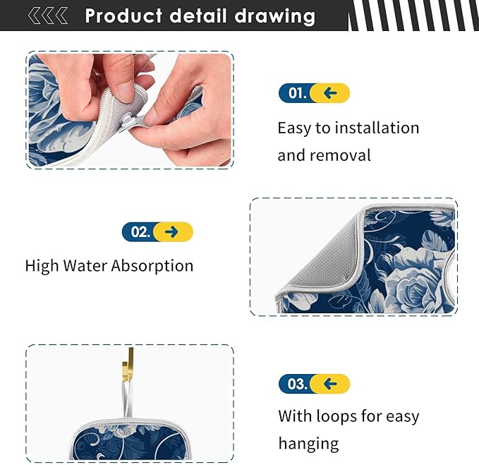 2 PCS Kitchen Sink Splash Guard 14.9 Inch Faucet Mat for Kitchen Sink Bathroom Sink Faucet Absorbing Drip Drain Mat Pad Microfiber Soft Washable Navy Blue Roses and Butterflies