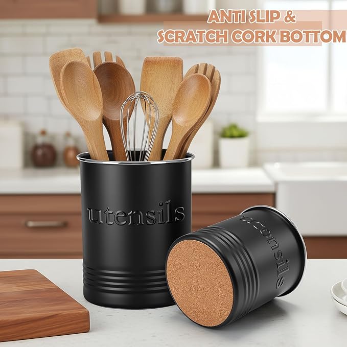 2 Pack Kitchen Utensil Holder for Counter 6.7"+4.7" Farmhouse Cooking Utensil Crock with Cork Bottom Modern Farmhouse Decors Countertop Storage Organizer Caddy Housewarming Gift(Black)