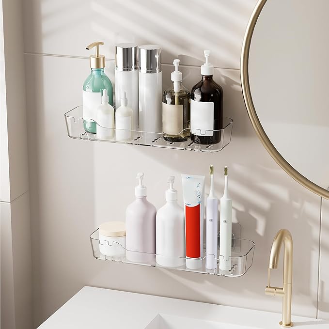 Diesisa 2pc Acrylic Adhesive Wall Shelf, Wall Mount Organizer, Bathroom Shelves for Wall, Self Organizer, No Drilling Hang Walls,with Self Adhesive Tape, for Bathroom, Kitchen, Living Room
