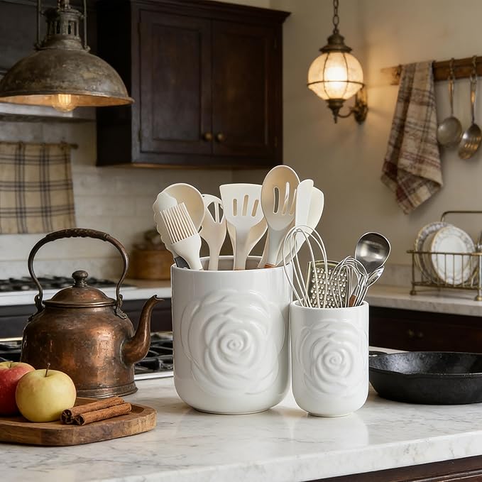 Large Utensil Holder Set of 2, 7.5"+ 5.5" - Ceramic Kitchen Countertop Utensil Crock for Spatulas, Spoons & Cooking Tools, Farmhouse Kitchen Counter Decor, White Rose