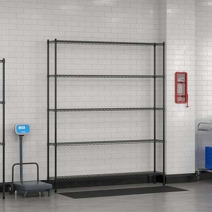 Commercial NSF Listed Black Epoxy Stationary Wire Shelving Kit 12" x 72" x 86", with 5 Shelves Perfect for Warehouse, Walk-in Refrigerator, Freezer, Grocery Store, Restaurant, Dishroom