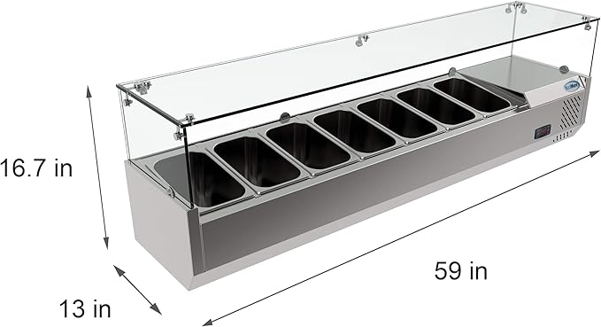 KoolMore Refrigerated Countertop Condiment Prep Station with Glass Sneeze Guard - Includes Seven 1/4 Pans, Silver, 59 Inch (SCDC-7T)