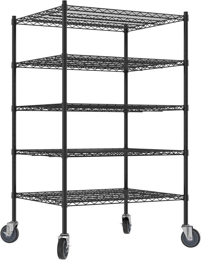 Commercial NSF Listed Black Epoxy Mobile Wire Shelving Kit 30" x 36" x 60", with 5 Shelves Perfect for Warehouse, Walk-in Refrigerator, Freezer, Grocery Store, Restaurant, Dishroom