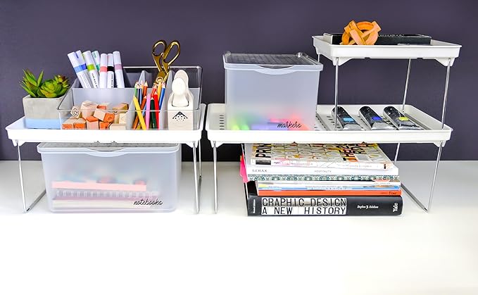 Madesmart Small Stackable Storage Shelf for Cabinets or Counters, Plastic Collapsible Cabinet Shelf for Home Organization, White , 9.38 x 7.63 x 1.5 in