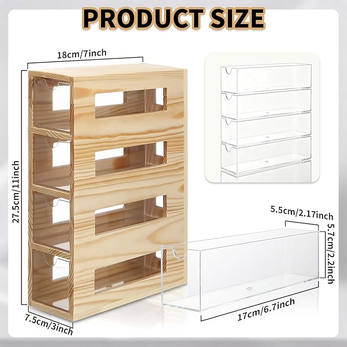 Novabright Tea Bag Organizer with 4 Drawers Drink Packet Organizer Wood and Acrylic Water Flavor Storage Tea Bag Holder for Kitchen Countertop Home Table Pantry Organization 11 x 7 x 3 Inches