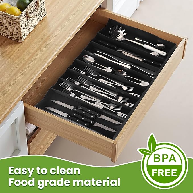 Silicone Silverware Drawer Organizer, Expandable Utensil Tray (3.9-22.4" W, 14.9" D, 1.9" H), 8-Compartment Cutlery Holder with Knife Section, BPA-Free, Non-Slip, Black