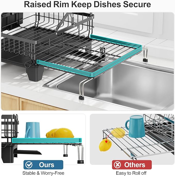 GSlife Large Dish Drying Rack 2 Tier, Expandable Kitchen Dish Drainer for Pots and Pans, 360° Swivel Spout, Rust-Resistant Metal Dish Rack with Utensil & Cup Holder, 16.9" W x 14.4"-22.4" L, Black