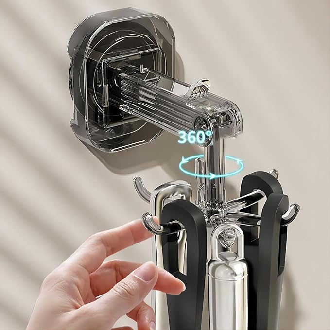 Hanging Utensil Holder Hooks Kitchen Utensil Hanger Wall Mount 360° Rotating Folding Hook Strong Suction Cup Hook Utensil Rack with 6 Hooks for Kitchen Bathroom Cabinet (Transparent Grey)