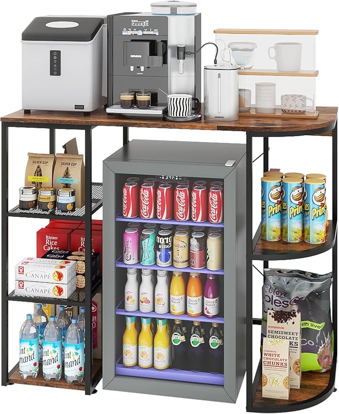 PUNCIA Mini Fridge Cabinet with Power Outlet – Coffee Bar Cabinet with Refrigerator Space and Storage Shelf Beverage Wine Cooler Stand Microwave Oven Rack for Dorm Apartment or Dorm Use