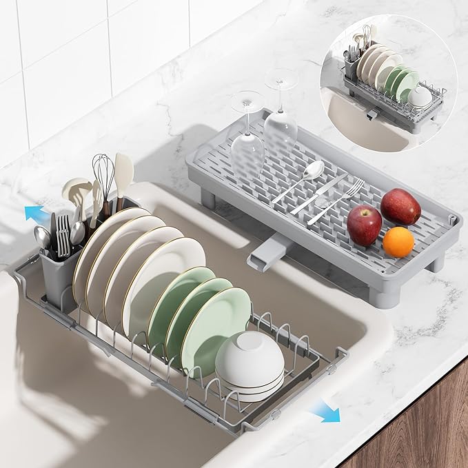 Nacial Small Dish Drying Rack with Utensil Holder, Expandable Dish Rack Over Sink with Auto-Drain Tray, Compact Dish Drainer for Kitchen Counter, Stainless Steel Dish Rack Fits 14''–21.8'' Sink, Gris
