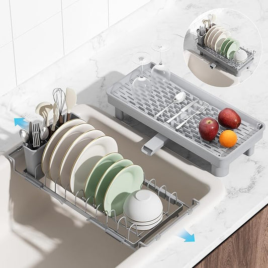Nacial Small Dish Drying Rack with Utensil Holder, Expandable Dish Rack Over Sink with Auto-Drain Tray, Compact Dish Drainer for Kitchen Counter, Stainless Steel Dish Rack Fits 14''–21.8'' Sink, Gris