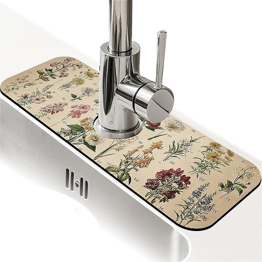 Kitchen Sink Splash Guard，Vintage-wildflowers Faucet Mat Sink Gadgets-Super Absorbent Fast Drying Mat Drip Catcher for Kitchen, Bathroom,Sink Mat, Dish Drying Mat, Bathroom(15" X 5.5" )