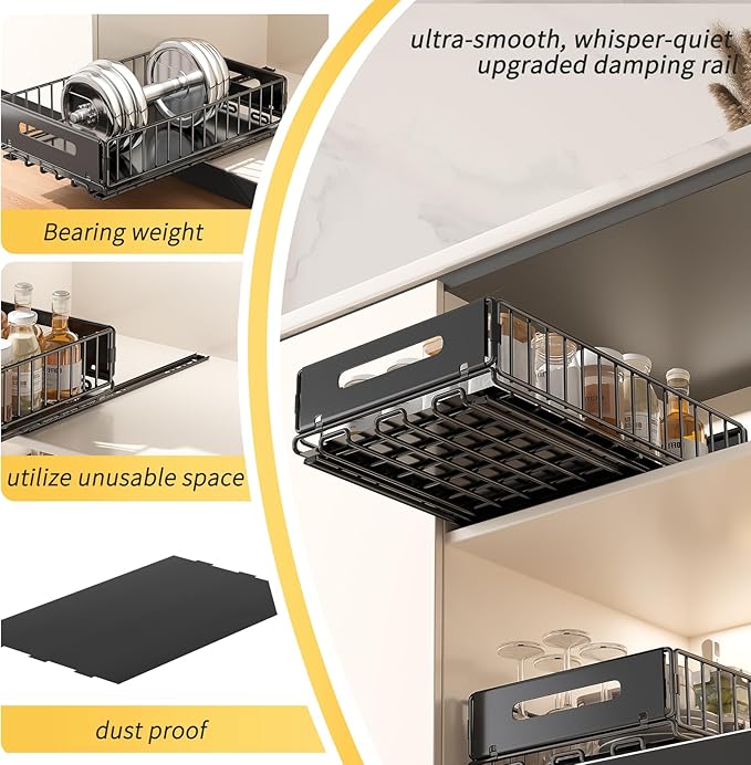 1 Pack Pull Out Cabinet Organizer, Slide Out drawers for cabinets, Heavy Duty Carbon Steel Roll Out Shelves for kitchen, bathroom, under sink, pantry (14.7’’-23.1’’ Slide, Adhesive & Screw)