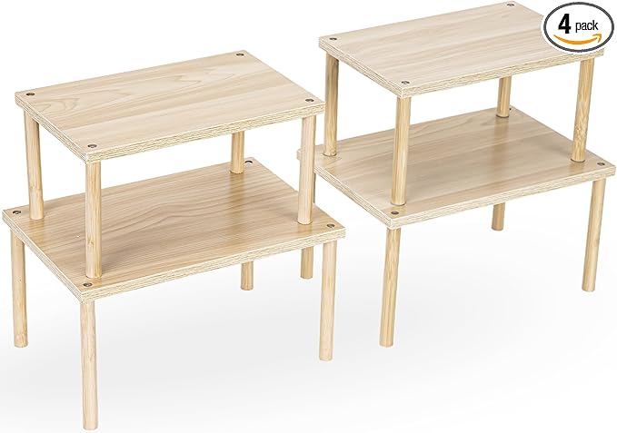 Wood Cabinet Organizer Shelf, Set of 4 Kitchen Counter Shelves, Stackable Plate Organizer for Cabinet, Pantry Cupboard Dish Mug Cup Storage Shelf