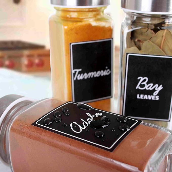 Orii Black Rectangular Spice Labels Stickers for Spice Jars|160 Pre-Printed +20 Blank Labels Spice Container Storage | Preprinted Labels for Kitchen Pantry | Herb Seasoning Labels for Jars